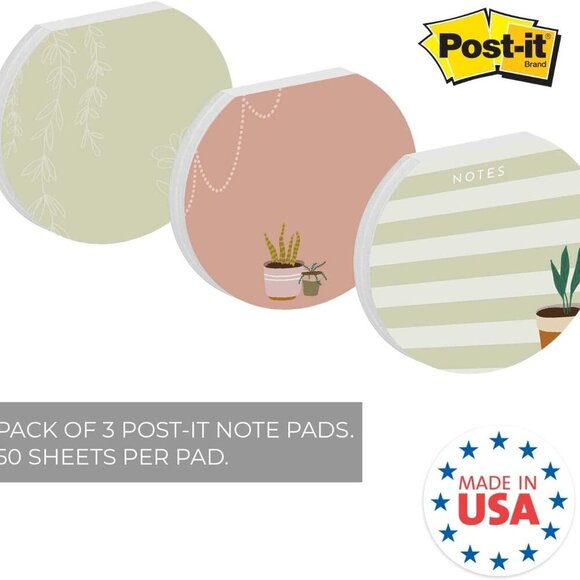 Plant Theme Sticky Note Pad Assortment/Set of 3 Round Flat Top Plant Lady Note P - Picture 2 of 6